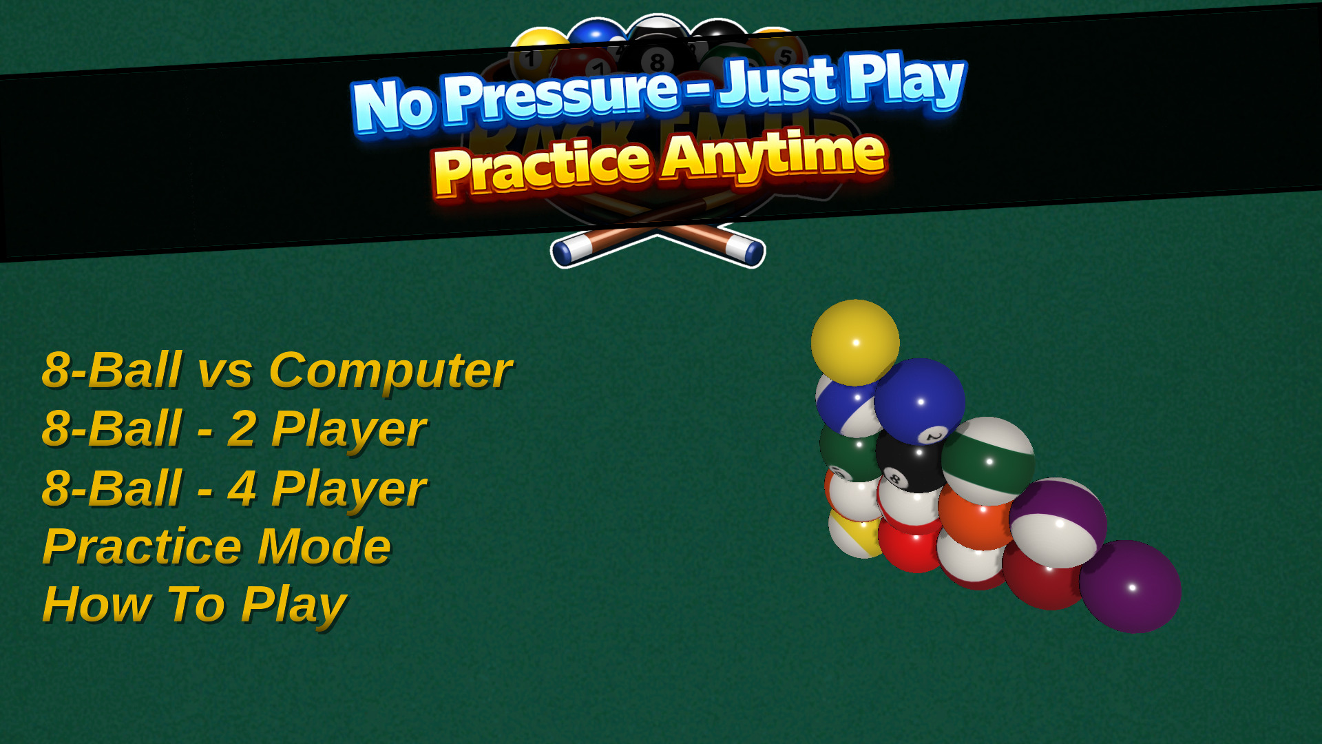 Rack'Em Up 8 Ball Pool — clean billiards interface